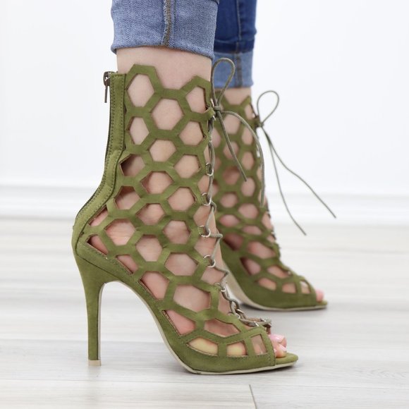 Lace-Up Strappy Olive Gladiator Suede Open Toe Needle High Heel Stiletto Sandals - Picture 6 of 11